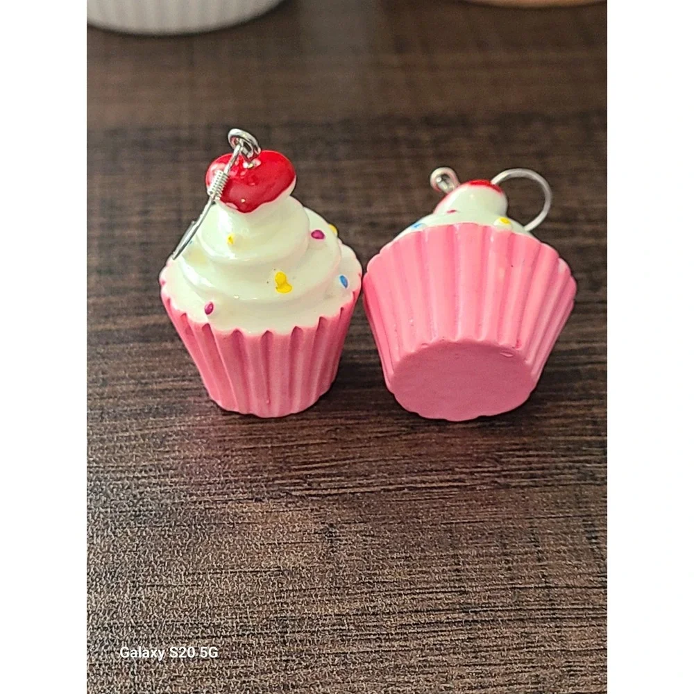 Handmade Cute Cupcake Earrings Red Cherry White‎ Frosting Pink Wrapper Treat Fun